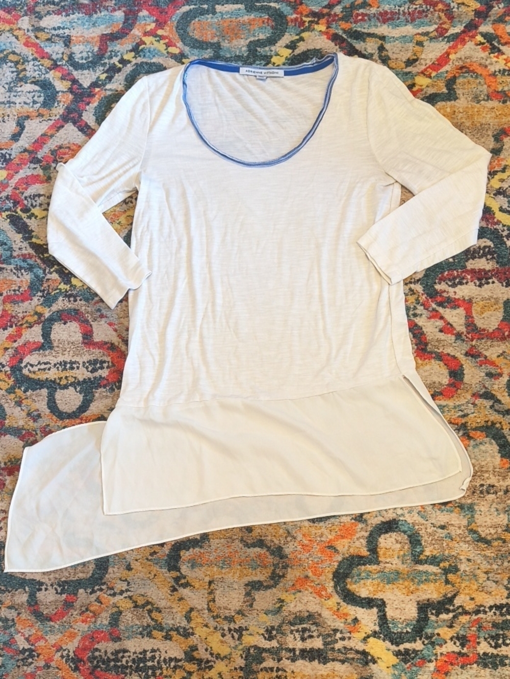 Adrienne Vittadini Asymmetrical Cream Layered Scoop-Neck Tunic with Blue Trim